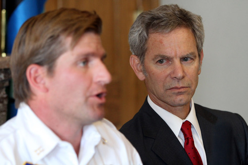 Salt Lake City Mayor Ralph Becker listens to Public Information Officer Michael Harp during a press conference about a Chevron oil spill at the University of Utah. Approximately 100 barrels of crude oil was released near Red Butte Canyon.
Stephen Holt / Special to the Tribune