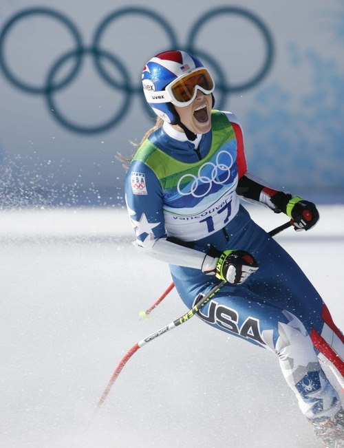 Trent Nelson  |  The Salt Lake Tribune
Lindsey Vonn, USA, celebrates after crossing the finish line on her bronze medal-winning run, Ladies' Super-G, at the XXI Olympic Winter Games in Whistler, Saturday, February 20, 2010.