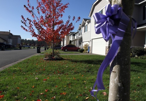 Rick Egan  | The Salt Lake Tribune
A purple bow remains on a tree in front of a house that is a few blocks from Steve Powell's home, where Josh and his boys are living.