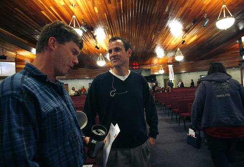 Scott Sommerdorf  l  The Salt Lake Tribune
Pastor Roy Gruber speaks with parishoners after the early service at Washington Heights Church recently.