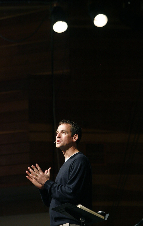 Scott Sommerdorf  l  The Salt Lake Tribune
Pastor Roy Gruber preaches from the stage at Washington Heights Church, which is merging with Grace Baptist Church of Bountiful. The new church will be called Bountiful Heights Church.