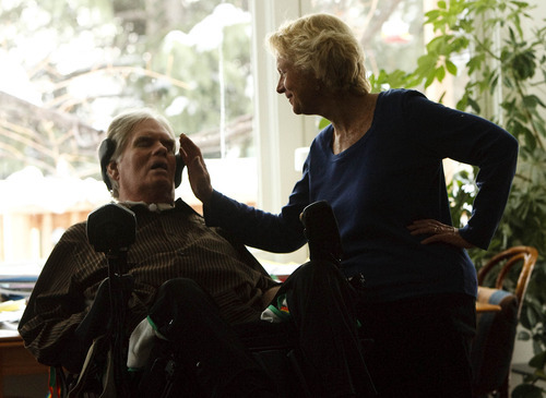 Leah Hogsten  |  The Salt Lake Tribune
Brooke Hopkins, 68, rests at home Wednesday with his wife, Peggy Battin. Paralyzed during a 2008 bicycle crash -- and hospitalized since -- the former University of Utah English professor looks forward to a life that will be 