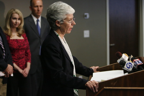 Rick Egan   |  The Salt Lake Tribune

Acting U.S. Attorney Carlie Christensen announces the ruling that Brian David Mitchell has been found competent to stand trial in the abduction of Elizabeth Smart, at the U.S. Attorney's Office, Monday, March 1, 2010