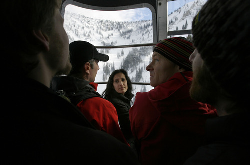 Steve Griffin  |  The Salt Lake Tribune
 
Seema Schappelle, of the EPA in Washiington D.C., listens to Dean Cardinale, left, director of the Snowbird ski patrol, as they ride the tram to the top of Hidden Peak on Sunday, Dec. 5, 2010. Snowbird hosted a group from the Society for Risk Analysis, showing participants how the ski patrol deals with the risks involved with keeping skiers safe at the resort. The group is in town for a conference.