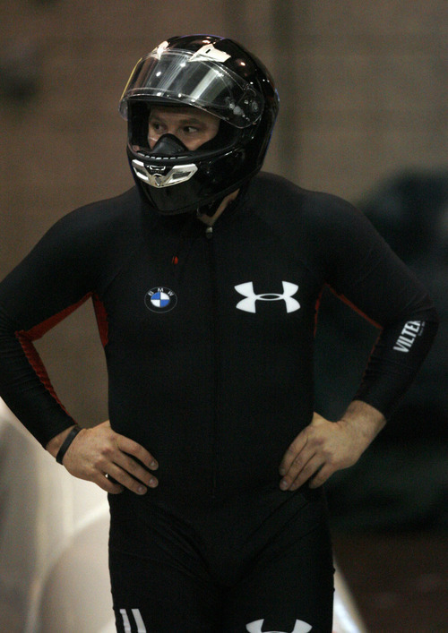Francisco Kjolseth  |  The Salt Lake Tribune
Steven Holcomb expresses his displeasure with their 6th place finish as athletes from around the world compete in the World Cup tour in the four man bobsled at Utah Olympic Park in Park City on Saturday, Dec. 11, 2010.