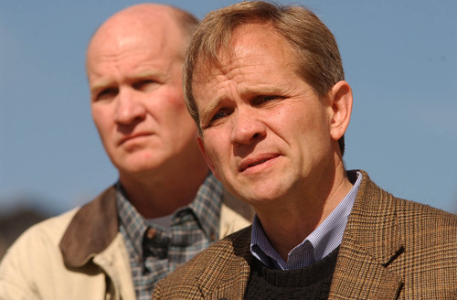 Francisco Kjolseth  |  The Salt Lake Tribune

Ed Smart, front, alongside his brother, Tom, speaks to the media in February, 2003, about the search for 