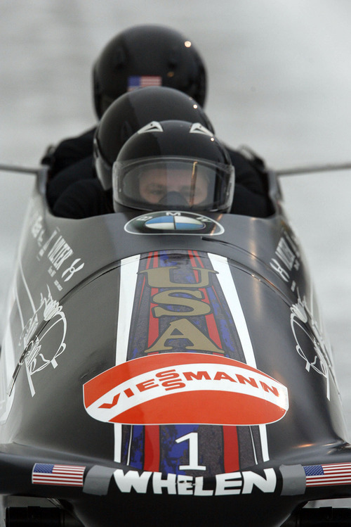 Francisco Kjolseth  |  The Salt Lake Tribune
Steven Holcomb of the United States drives his team in the four man bobsled finishing in 6th place. Athletes from around the world competed in the World Cup tour in the four man bobsled at Utah Olympic Park in Park City on Saturday, Dec. 11, 2010.