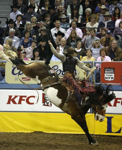 Trent Nelson  |  The Salt Lake Tribune
Cody Wright of Milford, Utah, wins the Saddle Bronc World Championship at the National Finals Rodeo in Las Vegas Saturday, December 11, 2010.