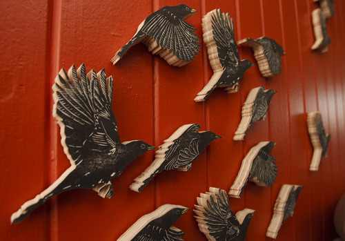 Leah Hogsten  |  The Salt Lake Tribune
Nic Miller's sculpture of  a buffalo head, deer antlers and blackbirds is titled 