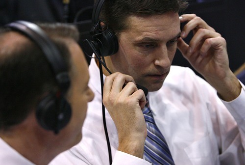 Djamila Grossman  |  The Salt Lake Tribune

Brigham Young University broadcasters Andy Toolson, right, and Dave McCann work during a BYU basketball game against the University of Arizona in Salt Lake City, on Saturday, Dec. 11, 2010.