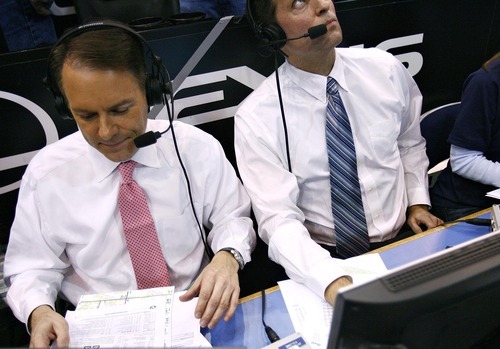 Djamila Grossman  |  The Salt Lake Tribune

Brigham Young University broadcasters Andy Toolson and Dave McCann, left, work during a BYU basketball game against the University of Arizona in Salt Lake City, on Saturday, Dec. 11, 2010.