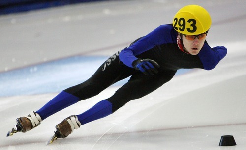 Steve Griffin  |  The Salt Lake Tribune
 
Adam Callister leans into a turn during during 1000-meter time trail at the U.S. Short-Track Speedskating championships at the Utah Olympic Oval in Kearns Friday, December 17, 2010.
