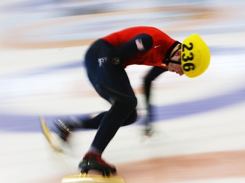 Steve Griffin  |  The Salt Lake Tribune
 
John-Henry Krueger powers out of a turn during the 1000-meter time trail at the U.S. Short-Track Speedskating championships at the Utah Olympic Oval in Kearns Friday, December 17, 2010.