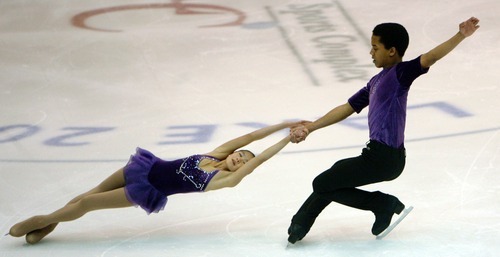 Steve Griffin  |  The Salt Lake Tribune
 
Gabrielle Smeenge and Micahel Johnson spin during the intermediate pairs event at the U.S. Junior Figure skating championships at the Salt Lake City Sports Complex  Friday, December 17, 2010.
