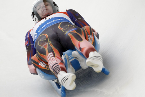 Chris Detrick  |  The Salt Lake Tribune 
Shane Hook and Zachary Clark, of America, compete during the Viessmann Luge World Cup at the Utah Olympic Park Saturday December 18, 2010.