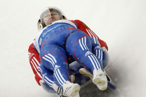 Chris Detrick  |  The Salt Lake Tribune 
Denis Groshev and Jury Prokhorov, of Russia, compete during the Viessmann Luge World Cup at the Utah Olympic Park Saturday December 18, 2010.