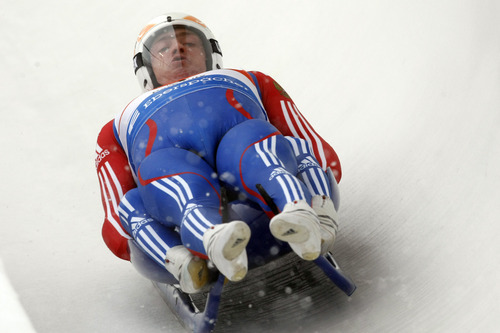 Chris Detrick  |  The Salt Lake Tribune 
Vladislav Yuzhakov and Vladimir Makhnutin, of Russia, compete during the Viessmann Luge World Cup at the Utah Olympic Park Saturday December 18, 2010.