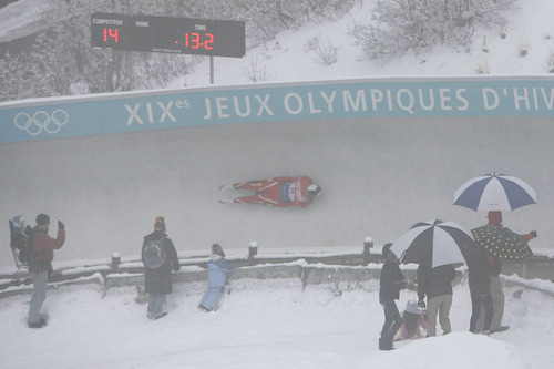 Chris Detrick  |  The Salt Lake Tribune 
Maciej Kurowski, of Poland, competes during the Viessmann Luge World Cup at the Utah Olympic Park Saturday December 18, 2010.