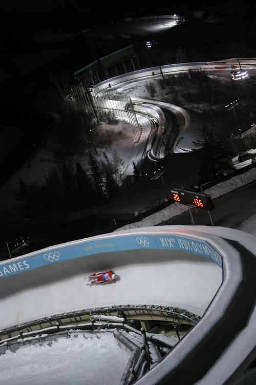 Chris Detrick  |  The Salt Lake Tribune 
Gregory Carigiet, of Switzerland, competes during the Viessmann Luge World Cup at the Utah Olympic Park Saturday December 18, 2010.