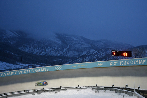 Chris Detrick  |  The Salt Lake Tribune 
Tilen Sirse, of Slovenia, competes during the Viessmann Luge World Cup at the Utah Olympic Park Saturday December 18, 2010.