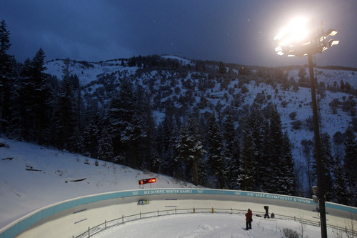 Chris Detrick  |  The Salt Lake Tribune 
Danej Navrboc, of Slovenia, competes during the Viessmann Luge World Cup at the Utah Olympic Park Saturday December 18, 2010.