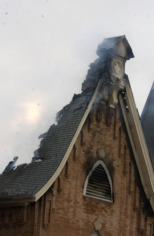 Al Hartmann  |  The Salt Lake Tribune 
The historic Provo Tabernacle was heavily damaged in an early Friday morning blaze of unknown origin and officials fear it may now have to be demolished.