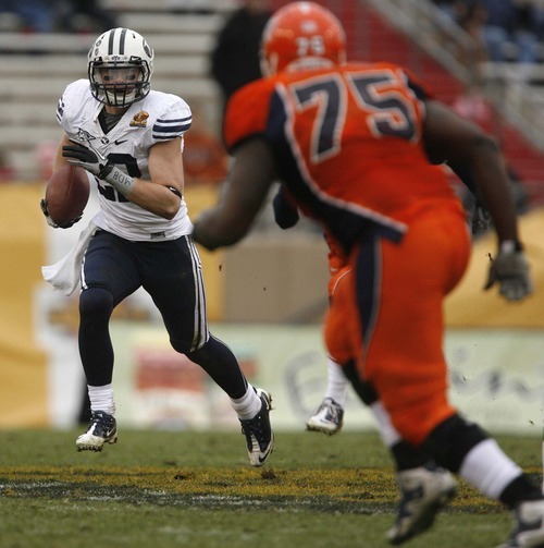 Trent Nelson  |  The Salt Lake Tribune
BYU defensive back Andrew Rich (22) runs with an interception as BYU defeats UTEP in the New Mexico Bowl, college football Saturday, December 18, 2010 in Albuquerque, New Mexico.