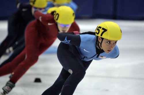 Djamila Grossman  |  The Salt Lake Tribune

Allison Baver, followed by Katherine Reutter, compete in the 3000 m final of the U.S. Short-Track championship at the Olympic Oval in Kearns, Sunday, Dec. 19, 2010. Reutter wont he race.