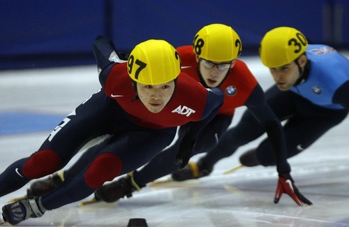 Djamila Grossman  |  The Salt Lake Tribune

Cho Simon, Jonathan Garcia and Jeff Simon compete in the 1000 m final of the U.S. Short-Track championship at the Olympic Oval in Kearns, Sunday, Dec. 19, 2010.