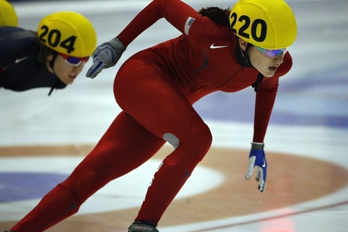 Djamila Grossman  |  The Salt Lake Tribune

Katherine Reutter is followed by Lana Gehring in the 1000 m final of the U.S. Short-Track championship at the Olympic Oval in Kearns, Sunday, Dec. 19, 2010. Reutter won the race.