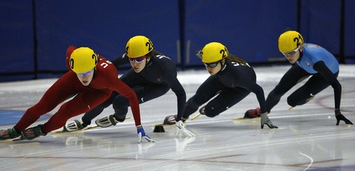 Djamila Grossman  |  The Salt Lake Tribune

Katherine Reutter, followed by Lana Gehring, Jessica Smith and Emily Scott compete in the 1000 m final of the U.S. Short-Track championship at the Olympic Oval in Kearns, Sunday, Dec. 19, 2010. Reutter won the race.