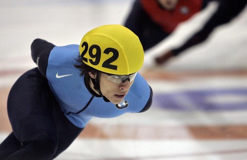 Djamila Grossman  |  The Salt Lake Tribune

Kyle Uyehara competes in the 3000 m final of the U.S. Short-Track championship at the Olympic Oval in Kearns, Sunday, Dec. 19, 2010. Uyehara took third place.