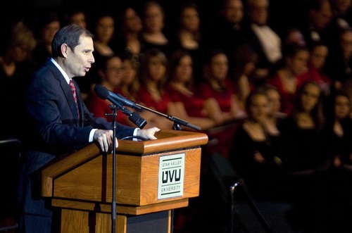 Djamila Grossman  |  The Salt Lake Tribune

Provo Mayor John Curtis speaks during a memorial for the Provo Tabernacle before the performance of Gloria at Utah Valley University in Orem on Sunday, Dec. 19. The piece was going to be performed at the tabernacle before it was destroyed in a fire.