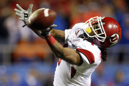 Chris Detrick  |  The Salt Lake Tribune 
Utah Utes wide receiver Shaky Smithson #1 can't make a catch during the first half of the Maaco Bowl at Sam Boyd Stadium Wednesday December 22, 2010.   Boise State is winning the game 16-3.