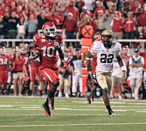 Michael Mangum  |  The Salt Lake Tribune
Utah wide receiver DeVonte Christopher sprints through the open field to a 61-yard receiving touchdown. The Utes went on to defeat No. 15 Pitt in overtime 27-24 at Rice-Eccles Stadium on Thursday Sept. 2, 2010.