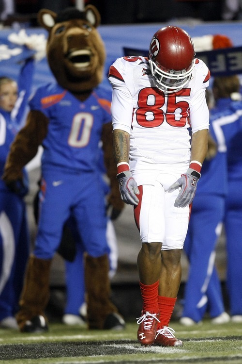 Chris Detrick  |  The Salt Lake Tribune 
Utah Utes wide receiver Jereme Brooks #85 reacts after dropping a pass during the first half of the Maaco Bowl at Sam Boyd Stadium Wednesday December 22, 2010.   Boise State is winning the game 16-3.