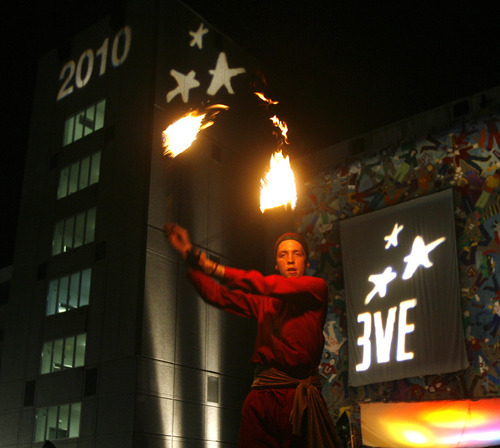 Rick Egan   |  The Salt Lake Tribune

Ryan Ross, spins fire with the Incendiary Circus at the EVE celebration at the Gallivan Center,  Thursday, December 31, 2009