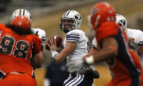 Trent Nelson  |  The Salt Lake Tribune
BYU quarterback Jake Heaps (9) as BYU defeats UTEP in the New Mexico Bowl, college football Saturday, December 18, 2010 in Albuquerque, New Mexico.