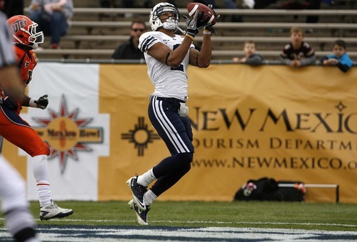 Trent Nelson  |  The Salt Lake Tribune
BYU receiver Cody Hoffman (2) pulls in a touchdown pass in the first half as BYU faces UTEP in the New Mexico Bowl, college football Saturday, December 18, 2010 in Albuquerque, New Mexico.