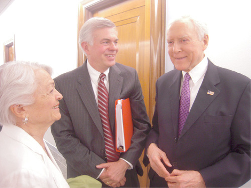 THOMAS BURR | Tribune File Photo

Scott Matheson Jr., center, is pictured here chatting with his mother, Norma Matheson, and Sen. Orrin Hatch, R-Utah, after a Senate Judiciary Committee hearing in May on Scott Matheson's nomination to the U.S. 10th Circuit Court of Appeals. The U.S. Senate on Wednesday, Dec. 22, confirmed Matheson's nomination.