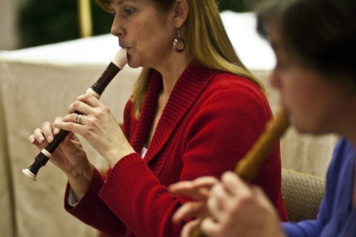 Chris Detrick  |  The Salt Lake Tribune 
Vanessa Bridge and Lisa Chaufty, members of the Sine Nomine Consort, perform on recoders during a rehearsal at All Saints Episcopal Church in Salt Lake City Tuesday December 28, 2010.  The Sine Nomine Consort is an ensemble that performs Renaissance and Baroque music on period instruments, including recorders, viols and harpsichord, as well as vocal music.