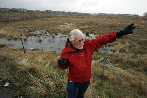 Francisco Kjolseth  |  The Salt Lake Tribune
Bruce Heath, executive director of the Great Salt Lake Audobon Society, points out the characteristics of the land along 106000 near the Jordan River that is the Migratory Bird Reserve. Along with TreeUtah, the two groups received a grant intended to help them recruit volunteers from populations that don't normally have the time. The goal is to create a multilevel canopy within the corridor for the millions of migrant birds that pass through twice a year.