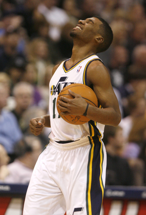 Rick Egan   |  The Salt Lake Tribune

Utah Jazz guard Ronnie Price (17)  reacts after the ref blew the whistle after he stole the ball from Memphis Grizzlies center Hasheem Thabeet (34), in NBA action, Utah Jazz, vs. The Memphis Grizzlies, Saturday, January 1, 2011