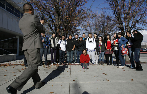Francisco Kjolseth  |  The Salt Lake Tribune

Students from Mountain View High in Orem who are members of the Latinos in Action program gather for a picture before heading out to help young students in the classroom. The program focuses on leadership, service learning and literacy.