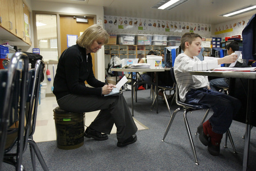 Francisco Kjolseth  |  The Salt Lake Tribune
JoAnn Crawley, principal of Monroe Elementary in West Valley City,  observes a fifth-grade class recently from the perch of her portable chair, a tool she uses to signal to her teachers that she is there for a quick evaluation.