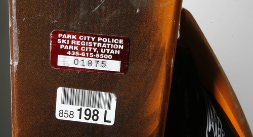 Leah Hogsten  |  The Salt Lake Tribune
The red metallic sticker from the Park City Police Department is meant to deter ski and snowboard theives or tell police to whom they can return the merchandise. Thursday, December 23, 2010,