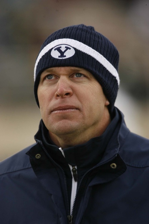 Trent Nelson  |  The Salt Lake Tribune
BYU coach Bronco Mendenhall walks off the field at halftime, with BYU leading 35-0. BYU vs. Colorado State, college football, Saturday, November 13, 2010.