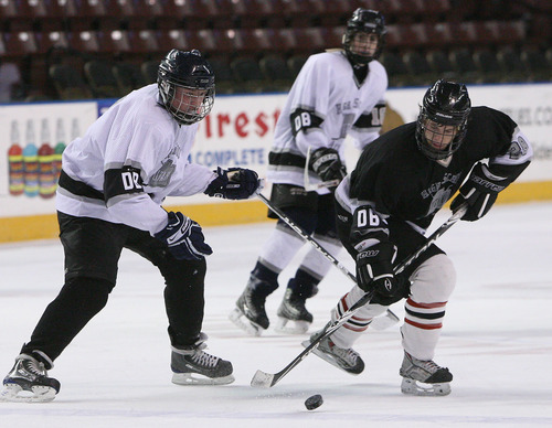 Leah Hogsten  |  The Salt Lake Tribune
  l-r Andy Merriman  #9 of Timpanogos battles #28 in black. The 2010-2011 Utah High School Hockey All-Star Game. Top hockey players from high schools throughout the state will face off in a North vs. South game. (North includes Davis County, Salt Lake City schools, Murray schools.... South includes South Jordan, Utah County, Sandy, Riverton, Park City schools).Saturday, January 1, 2011, in West Valley.