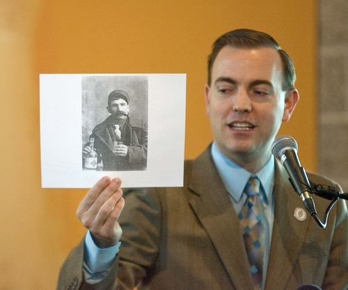Paul Fraughton  |  The Salt Lake Tribune  
West Valley Mayor Mike Winder holds a photo Tuesday of one of his ancestors, who he said, 