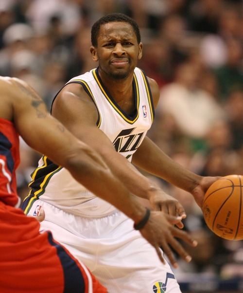 Steve Griffin  |  The Salt Lake Tribune
 
Utah Jazz guard C.J. Miles grimaces as he points to a spot he wants a pick set during first half action of the Jazz versus Hawks game at EnergySolutions Arena in Salt Lake City Wednesday, January 5, 2011.